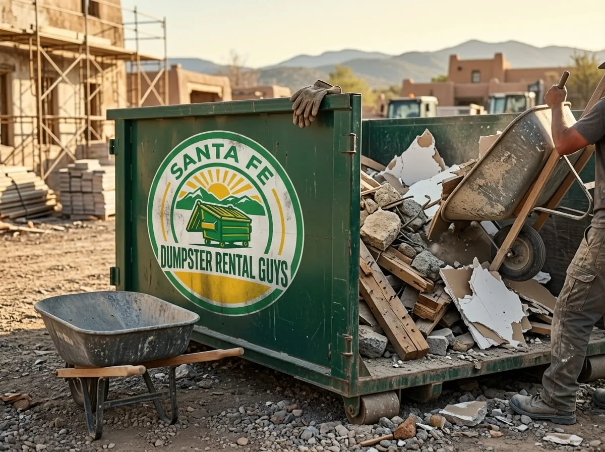 Worker beside a commercial roll-off dumpster from Santa Fe Dumpster Rental Guys in Santa Fe, NM