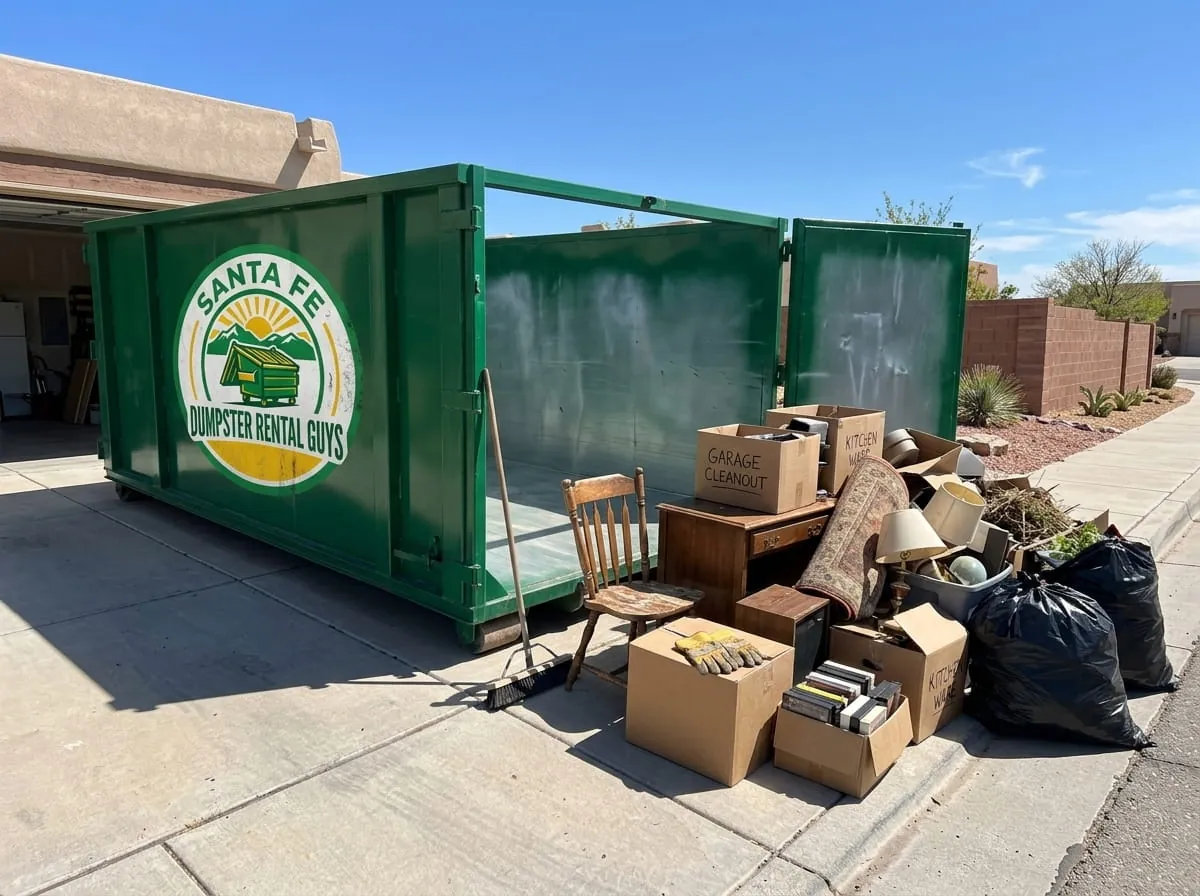 Santa Fe Dumpster Rental Guys truck delivering a roll-off dumpster to a Santa Fe NM driveway