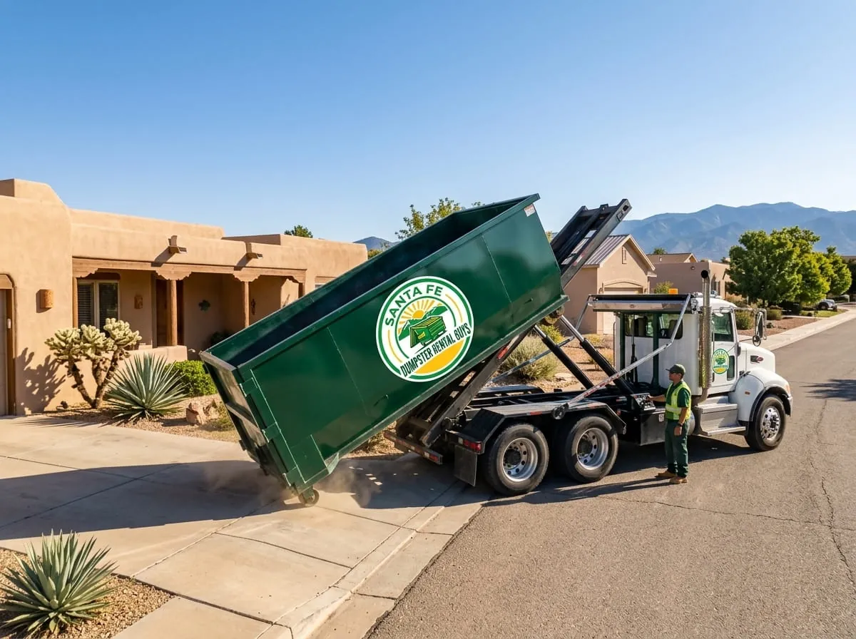 Roofing dumpster rental in Santa Fe, NM Roll-off dumpster on a driveway ready for a roofing tear-off in Santa Fe, NM