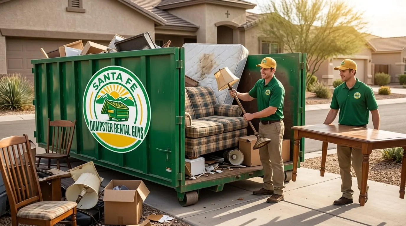 Roll-off construction dumpster being loaded onto a Santa Fe Dumpster Rental Guys truck
