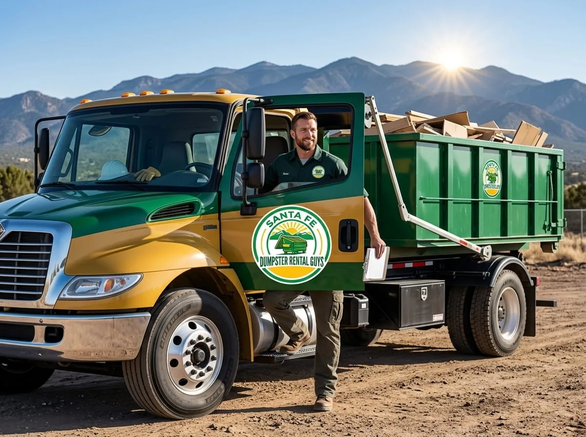 Santa Fe Dumpster Rental Guys team member beside a roll-off dumpster in Santa Fe, NM